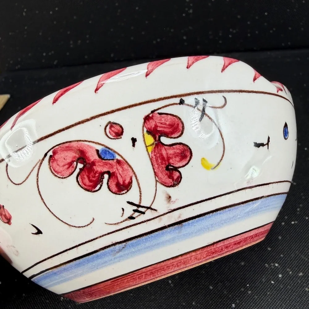 Vintage PV Italy Hand Painted Ceramic Rooster Ash Holder Red Floral Bowl 6724 D